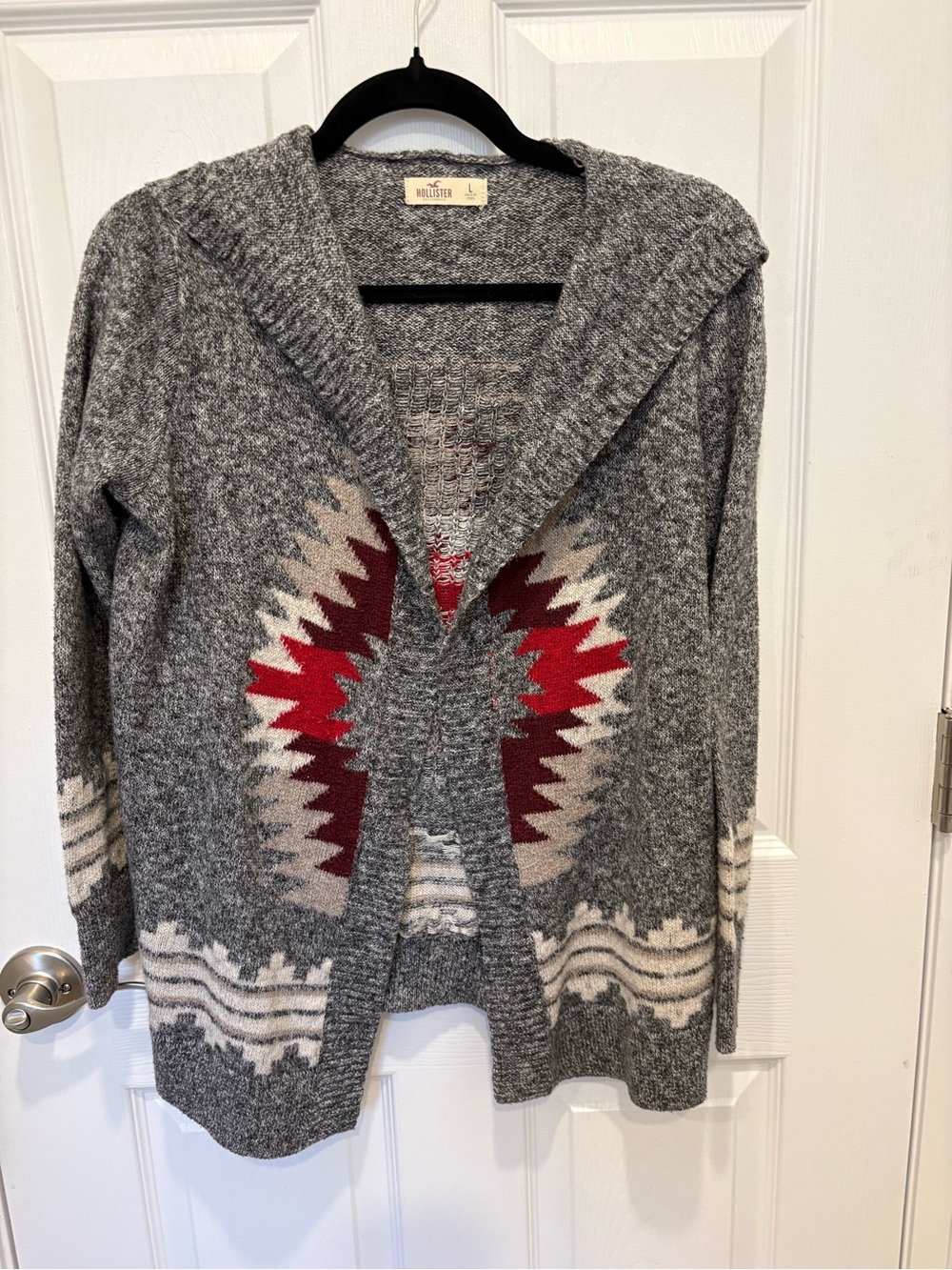 Hollister Women's Grey Hooded Aztec Cardigan with Red Accent #1292
